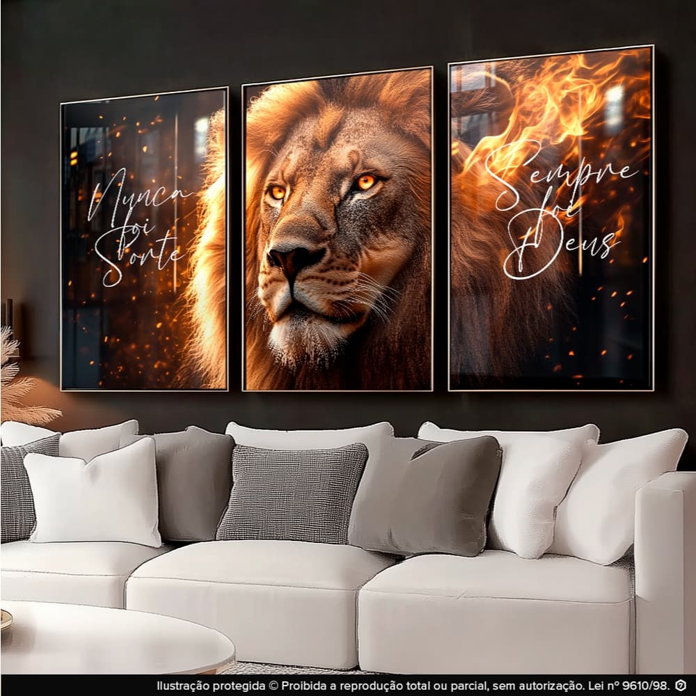 Quadros Decorativos Leão de Judá Nunca Foi Sorte Sempre Foi Deus Leão Fogo 122x60