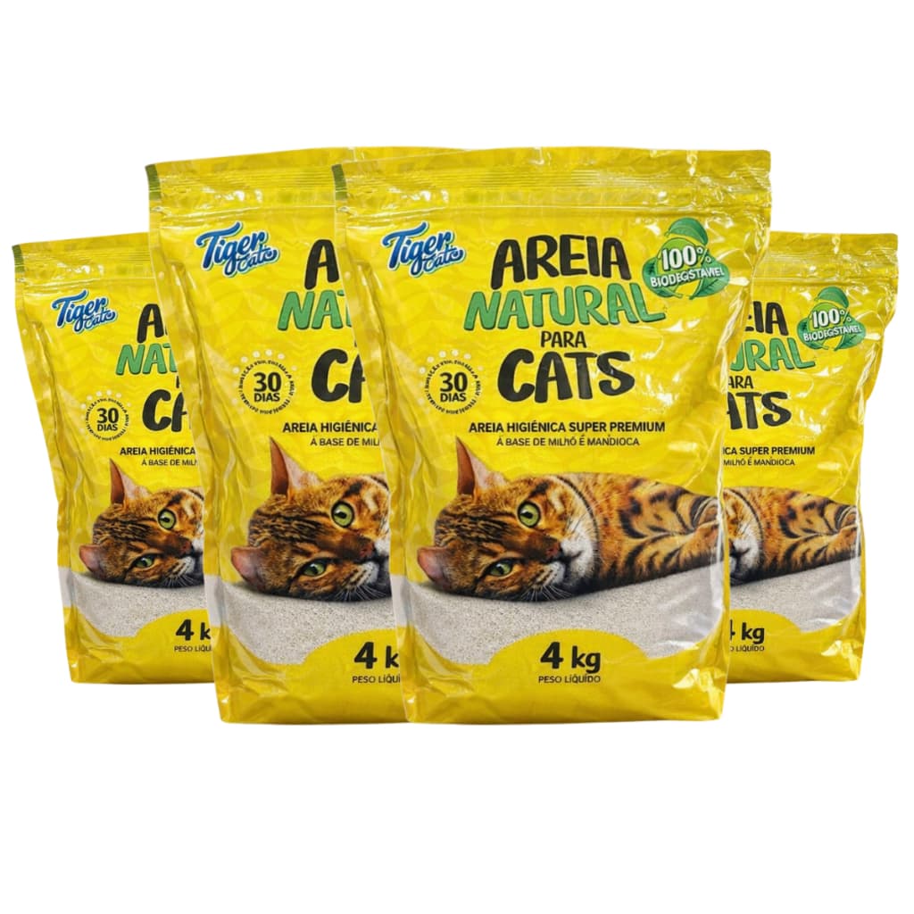 KIT COM 4 AREIA HIGIÊNICA NATURAL BIODEGRADÁVEL MILHO E MANDIOCA PARA GATOS TIGER CATS 4KG