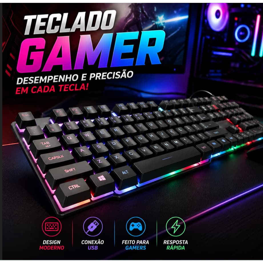 Teclado Gamer RGB Semi Mecânico USB LED ABNT2 Para PC Notebook