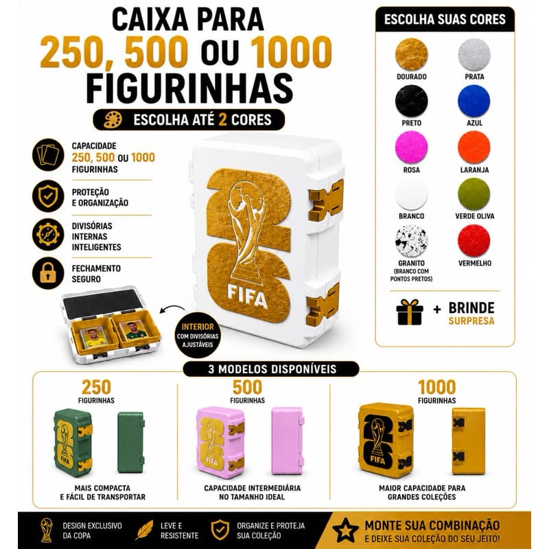 Caixa Porta Figurinhas Copa do Mundo – Capacidade para 250/500/1000 unidades
