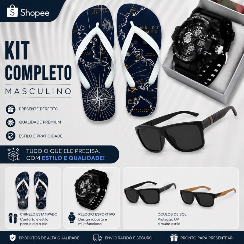 Chinelo Masculino +  Relógio Masculino Digital Analógico + Óculos de Sol Masculino UV KIT ENVIO IMEDIATO