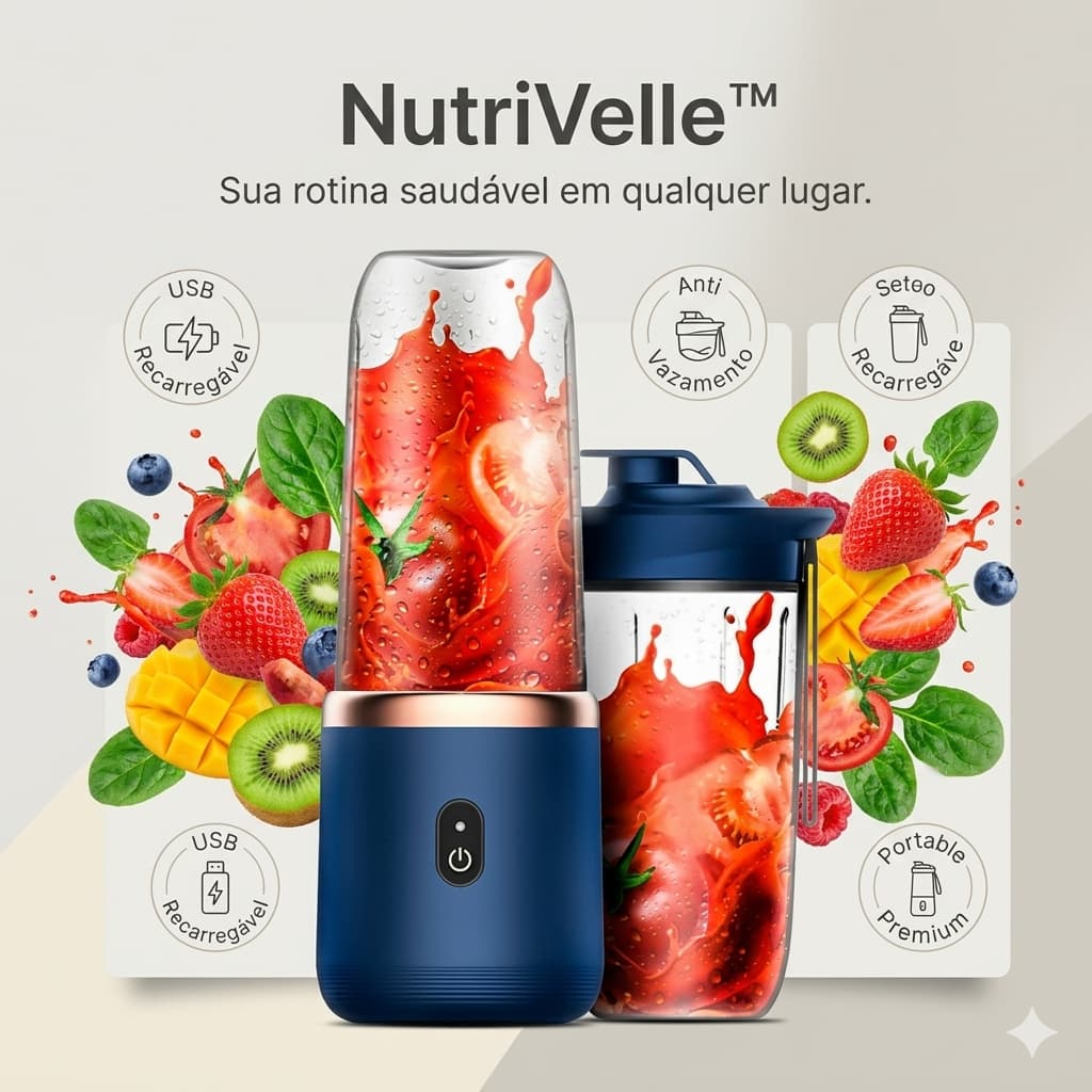 Mini Liquidificador Portátil NutriVelle™ Recarregável USB 6 Lâminas Garrafa Copo Mixer Para Shake Whey Vitamina 400ml Az