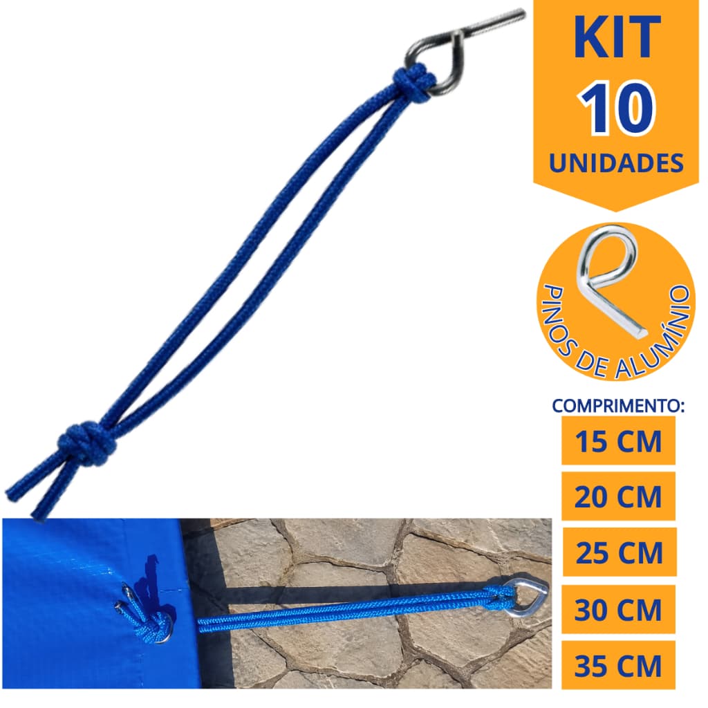 Kit 10 Elástico Esticador de Capa Lona de Piscina 6mm Azul Reforçado + Pinos Alumínio
