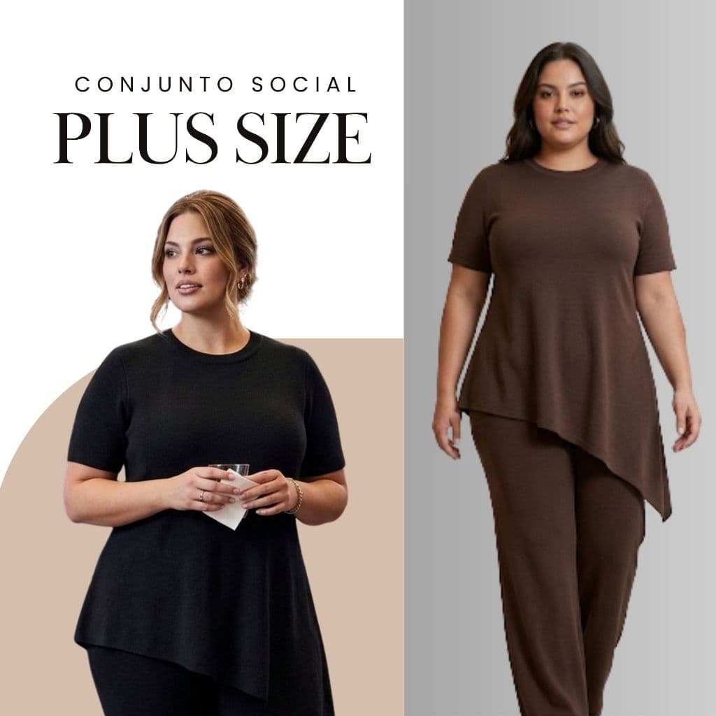 Conjunto Social Feminino Plus Size Calça Pantalona + Camisa Confortável Estiloso Anaruga Canelado
