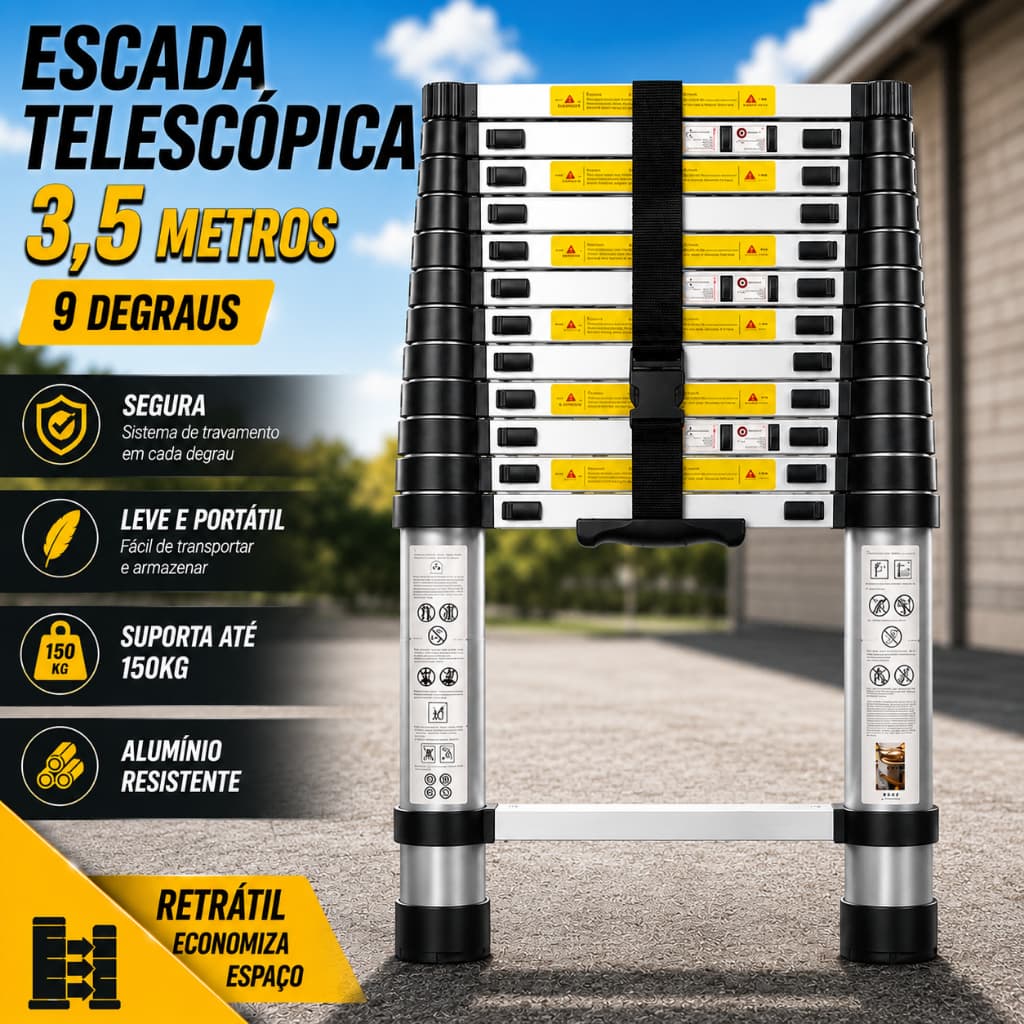 Escada Reta Alumínio Telescópica 3.5 Metros com 9 Degraus - ótima qualidade