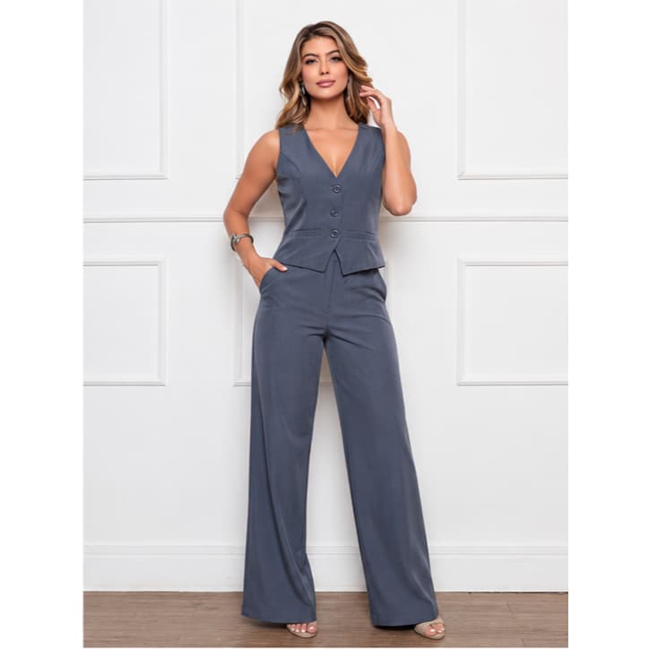 Conjunto Feminino Alfaiataria Colete Calça Pantalona Outono Uniforme de Trabalho Social Casual Festa Elegante