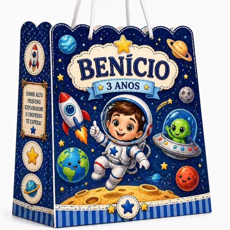 Sacolinha Surpresa Personalizada com Nome e Idade Tema Astronauta Menino Menina | Lembrancinhas Decoração Festa Infantil