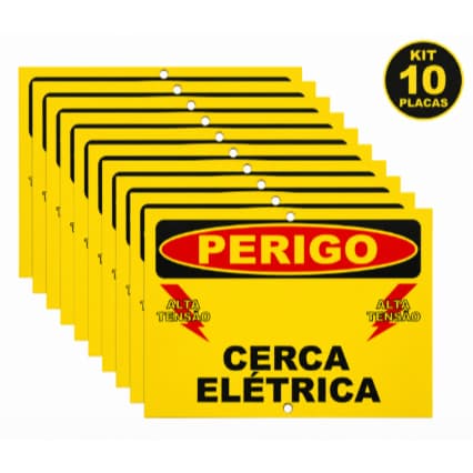 Kit 10 Placas Cerca Elétrica Perigo Alta Tensão Sinalização PVC Resistente | Segurança Residencial Rural