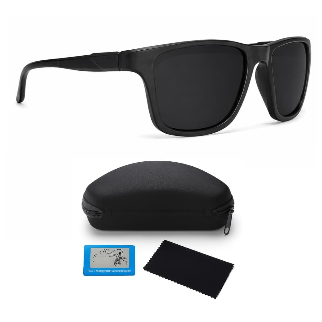 Óculos De Sol Quadrado Masculino Feminino Polarizado Proteção UV400 Preto Esportivo + Acessórios