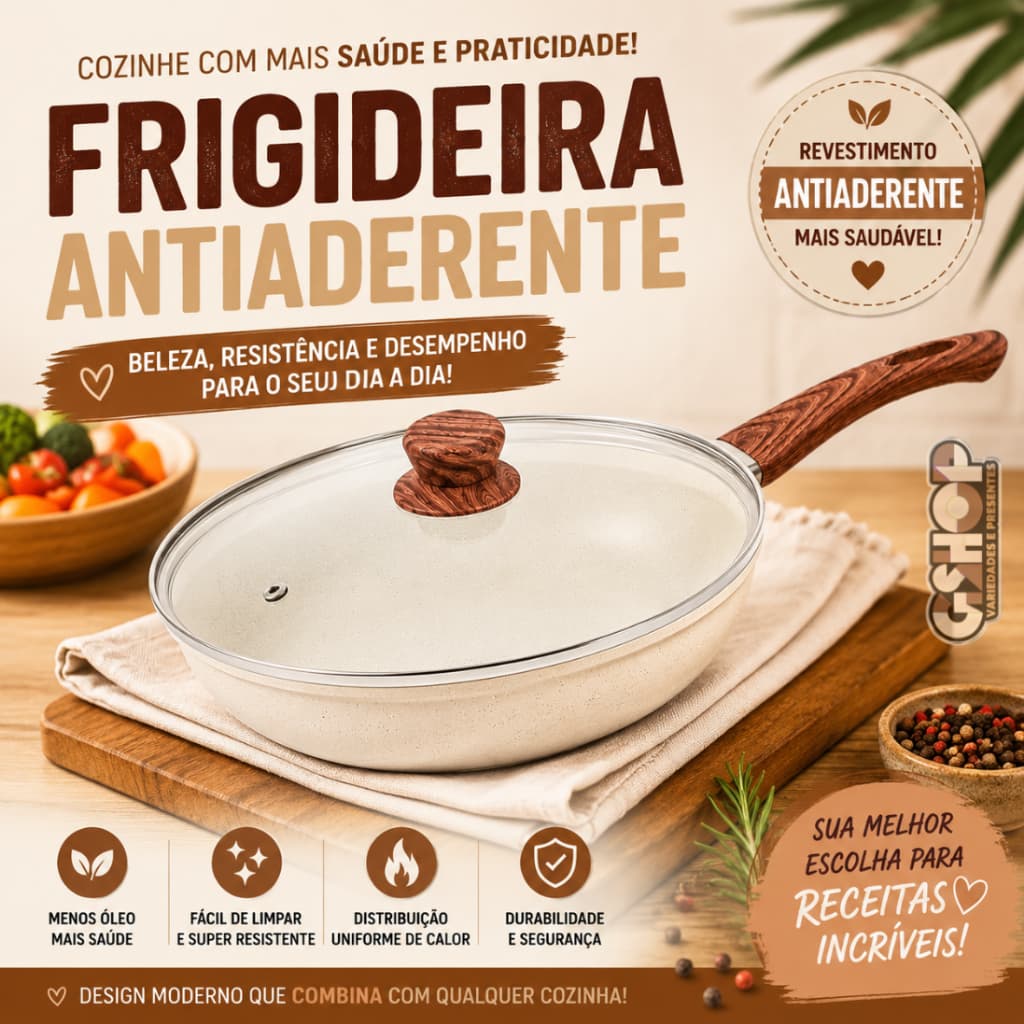 Frigideira Cerâmica Indução 28cm Com Tampa Antiaderente Premium Fogão Gás Granito Creme Cabo Madeira