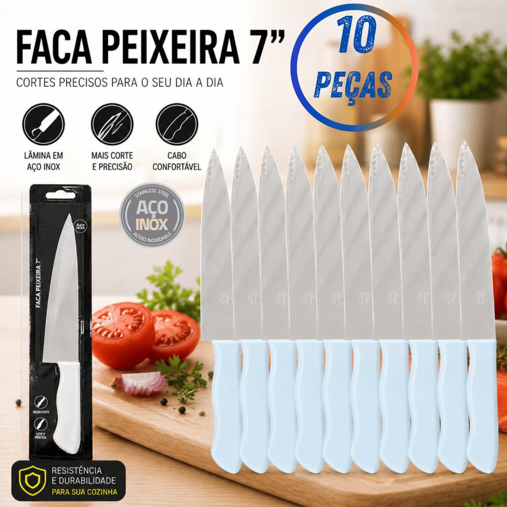Kits 10 Facas Peixeira 7" Aço Inox Cozinha Churrasco Restaurante Açougue Profissional Revenda Buffet