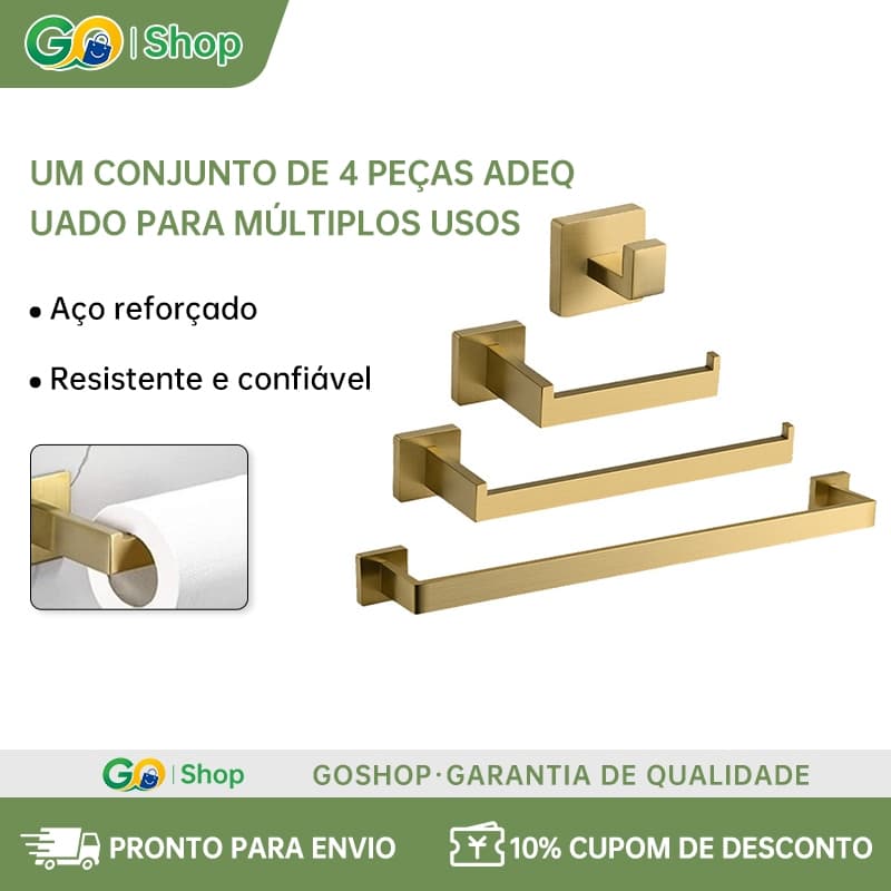 Kit 4 Pecas Porta Toalha Gancho Banheiro Aco Inoxidavel Dourado