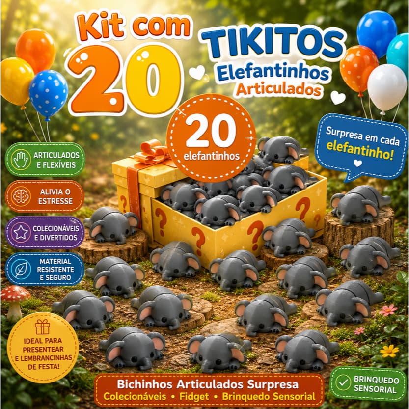 Kit 20 TIKITOS de ELEFANTE | Wiggles | Bichinhos Articulados | Infantil Colecionáveis Animais Fidget Brinquedo sensorial