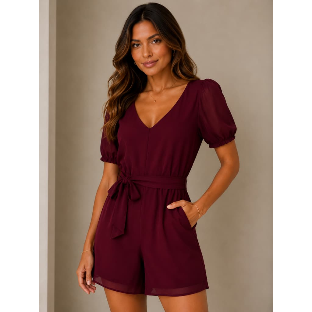 Macaquinho Curto Feminino Vinho Manga Princesa Com Amarração Moda Feminina Elegante