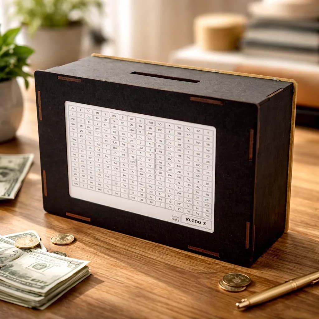Cofre Cofrinho 10 mil Woodbox Método Japonês Kakebo Desafio Guardar Dinheiro 10K Caixa Enfeite Decoração Madeira