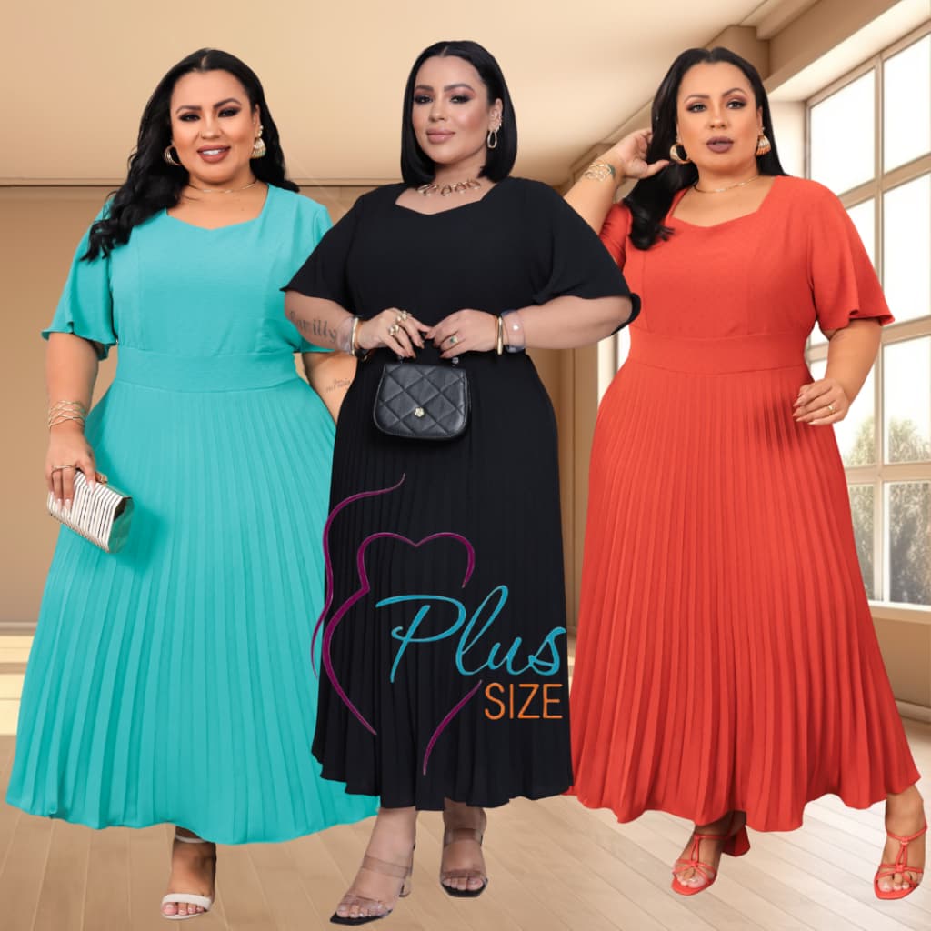Vestido Longo Plus Size Duna Plissado Feminino Moda Evangélica Casual Elegante