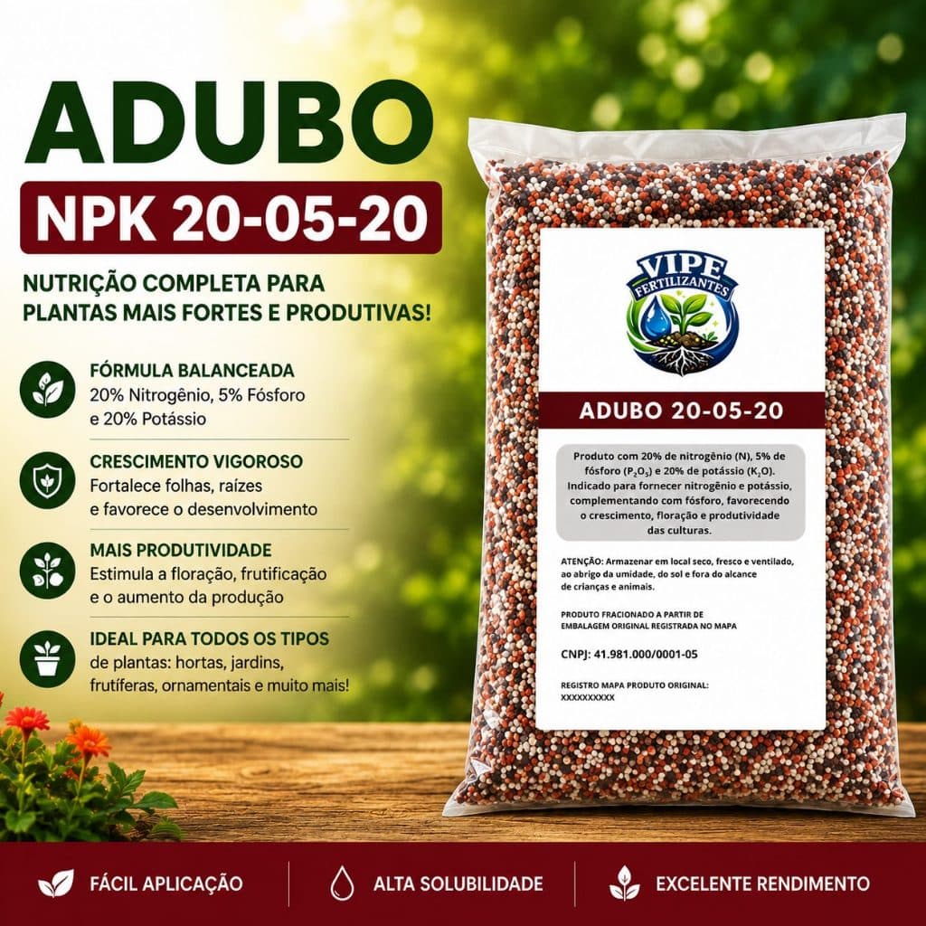 Adubo NPK 20-05-20 Fertilizante Granulado Plantas Hortas Flores Frutíferas Jardim