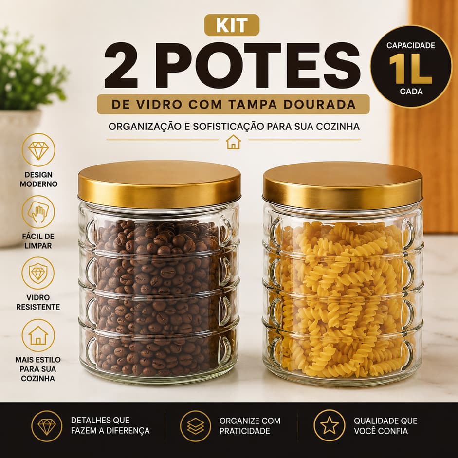 Kit Potes Herméticos Vidro Tampa Dourada Luxo Mantimentos Cozinha
