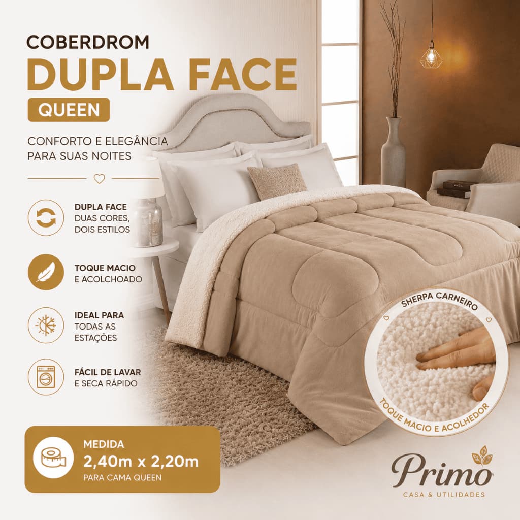 Coberdrom Queen Dupla Face Sherpa Carneiro Manta Soft Quente Macio Inverno