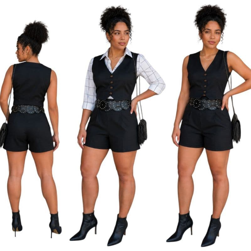 Conjunto de short e colete na alfaiataria,short com elástico atrás, comprimento médio cós alto, conjunto social,leve
