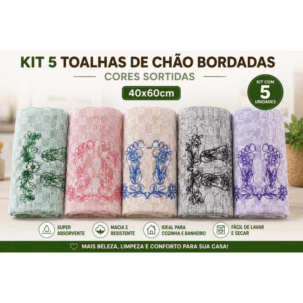 Kit Toalha De Chão 5 Peças 40x60 Bordada Tapete Cozinha Lavável Resistente