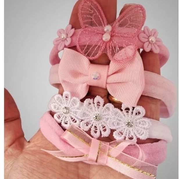 Kit com 4 faixinhas de bebê menina Rn delicadas na meia de seda macia