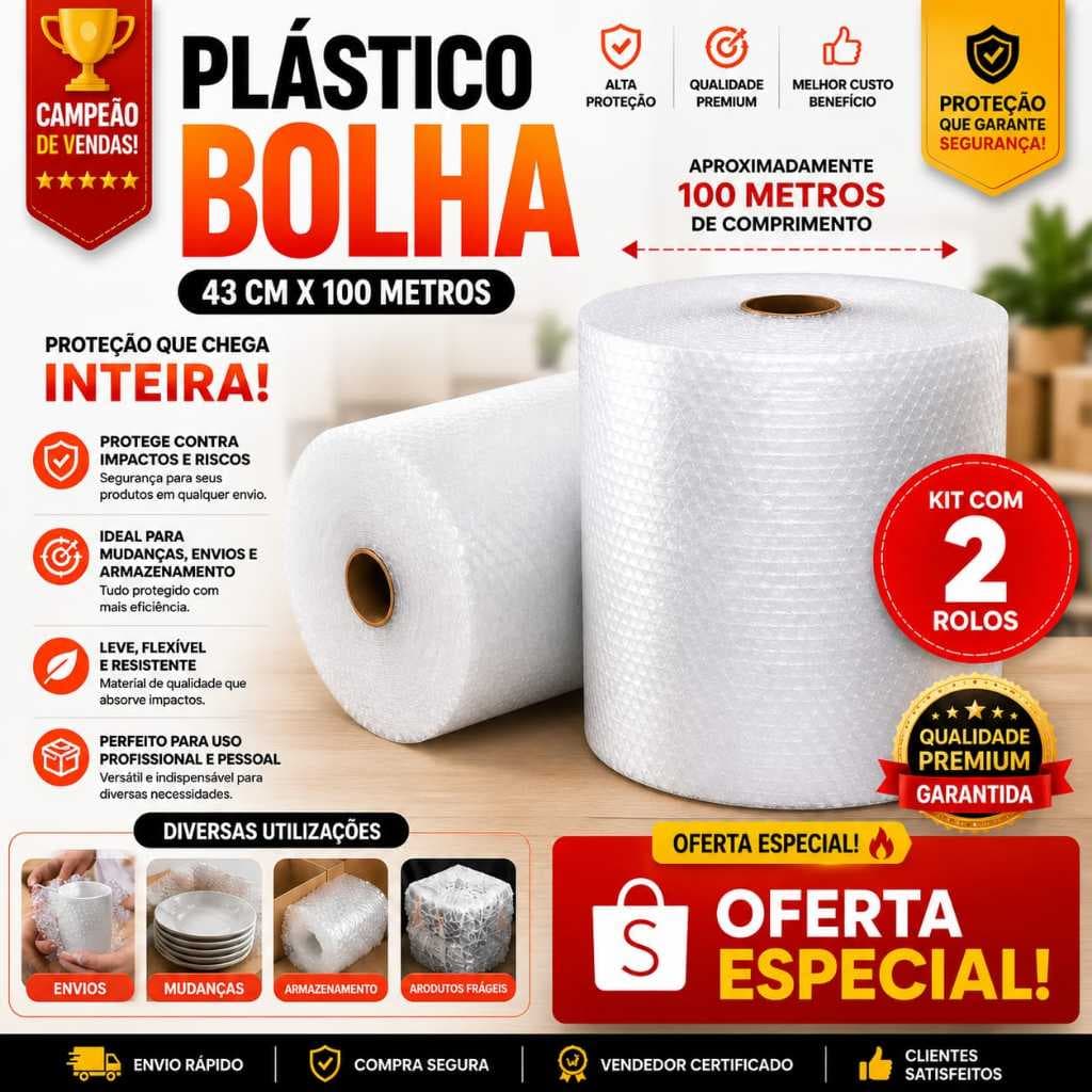 Plástico Bolha 43x100 Metros Ideal para E-COMMERCE, Mudança - Alta Qualidade Proteção - ENVIO RÁPIDO