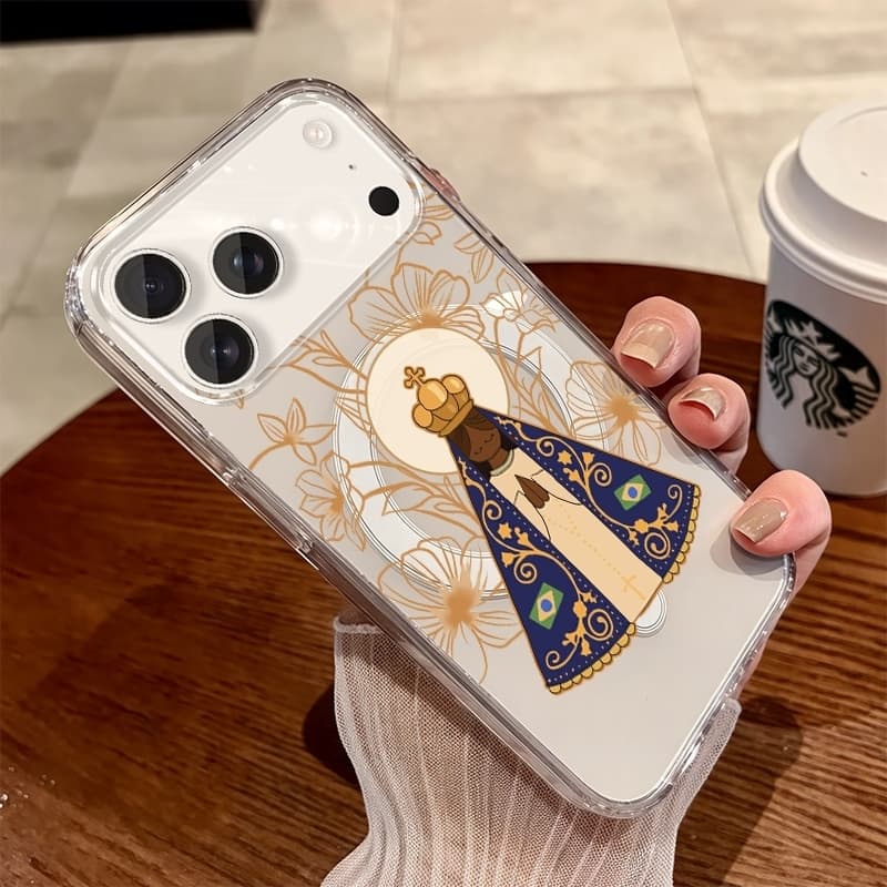 Capinha Magnética Nossa Senhora Transparente Capinha iPhone 15 16 17 Pro Max 14 13 12 11 MagSafe