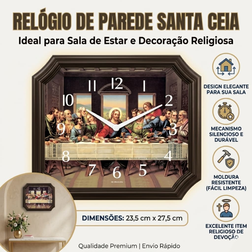 Relógio De Parede Santa Ceia Retangular 23,5 X 27,5 Cm Decoração Religiosa Para Sala Resistente Bom