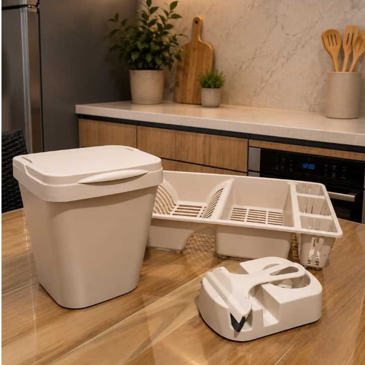 Kit Pia de Cozinha Lixeira + Escorredor de Pratos + Porta Detergente + Rodinho de Pia