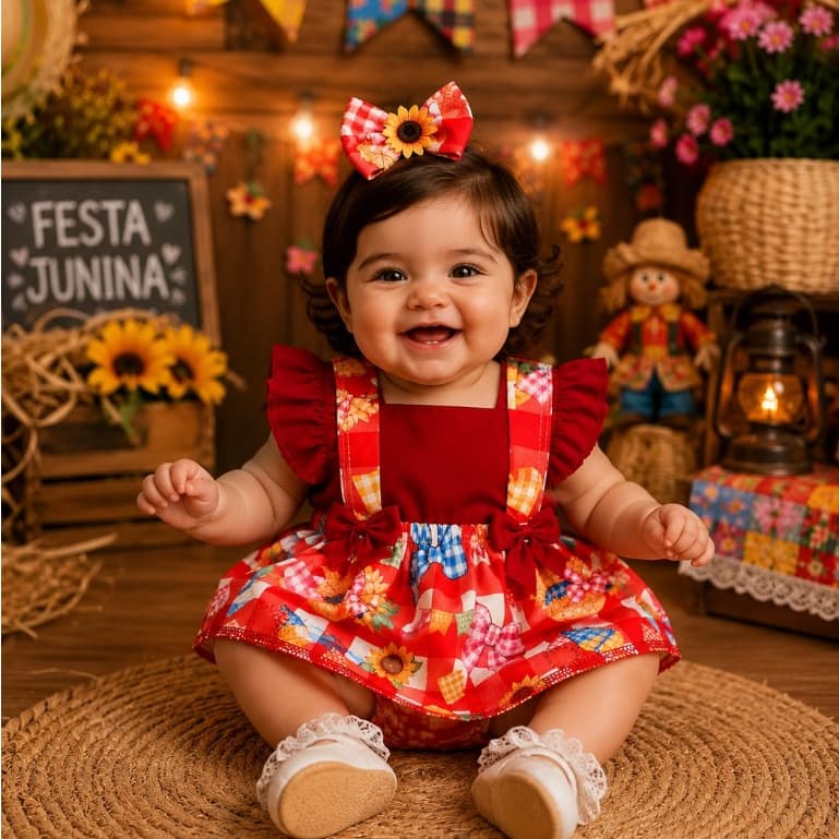 Vestido Romper de Bebê menina Junino Caipira Blogueirinha
