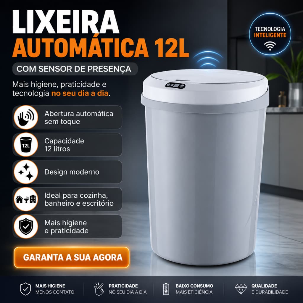 Lixeira Smart 12L com Sensor Automático: Moderna, Higiênica e Ideal para Cozinha, Banheiro e Escritório