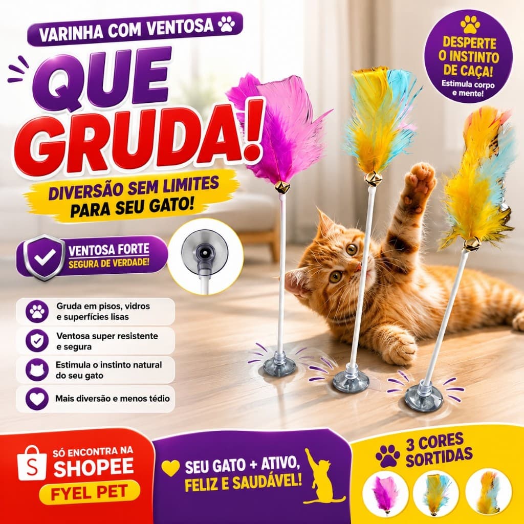 Varinha para Gato com Ventosa  e Guizo | Brinquedo Interativo Que Gruda no Piso e Vidro