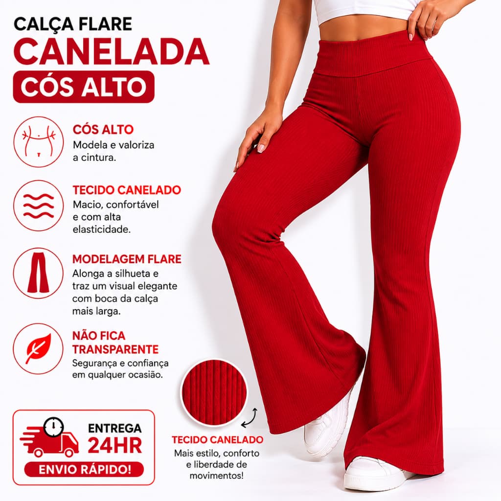 Kit 2 Calças Flare Feminina Academia Cós Alto Canelado Anarruga