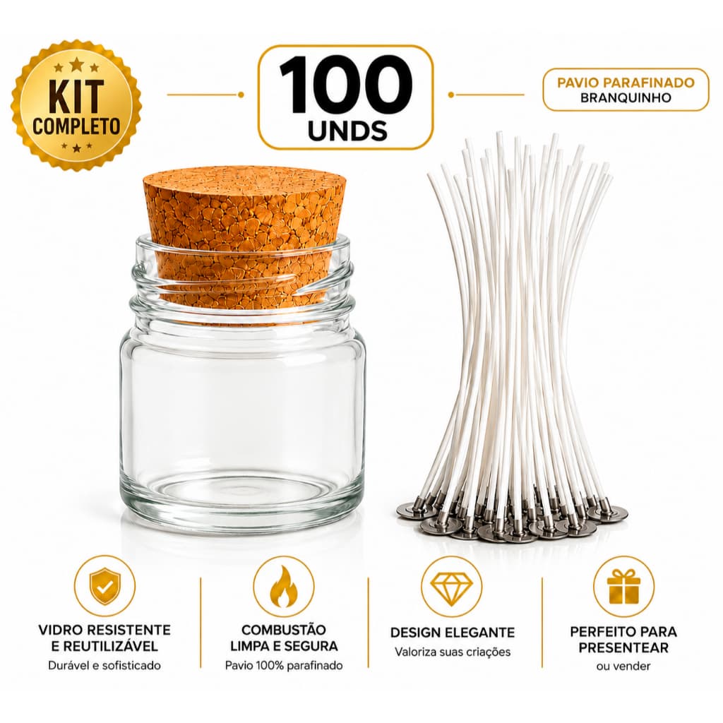 100 Potes P/ Vela Aromáticas com Tampa Rolha Charmoso  + 100 Pavios com ilhós de Brinde