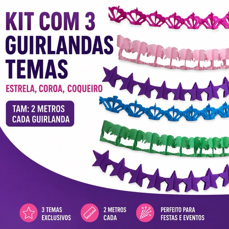 Kit Com 3 Guirlandas Temáticas | Estrela, Coroa E Coqueiro | 2 Metros Cada Guirlanda | Decoração De Festa, Enfeite