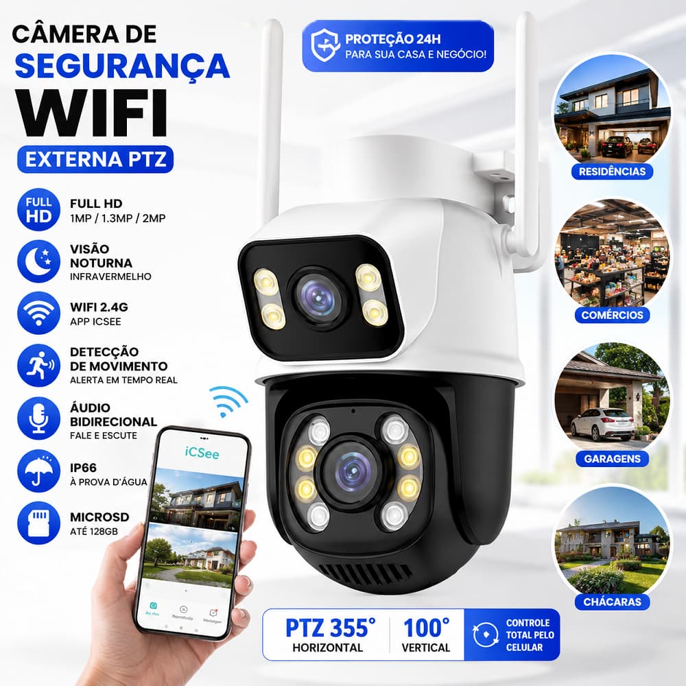 Câmera de Segurança IP Externa Rotativa Wifi Full HD, Visão Noturna, À Prova D'Água e Detecção de Movimento