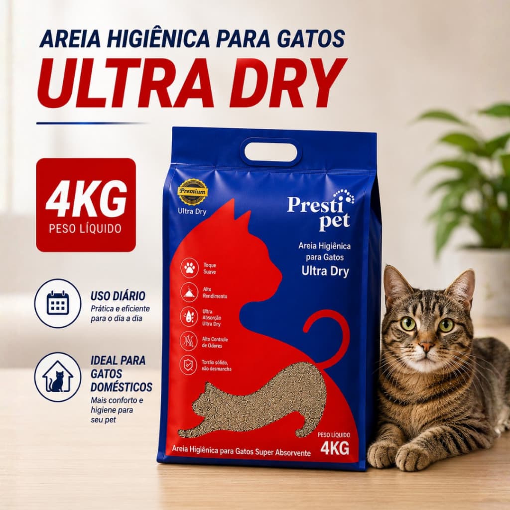 Areia Higiênica para Gatos Ultra Dry Premium 4kg Presti Pet Alta Absorção Envio Rápido