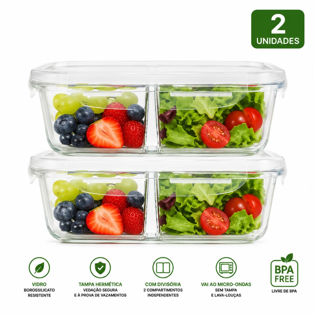 Kit 2 Potes De Vidro Hermético Mantimentos Marmita Refratário 640ml Com Divisória 4 Travas