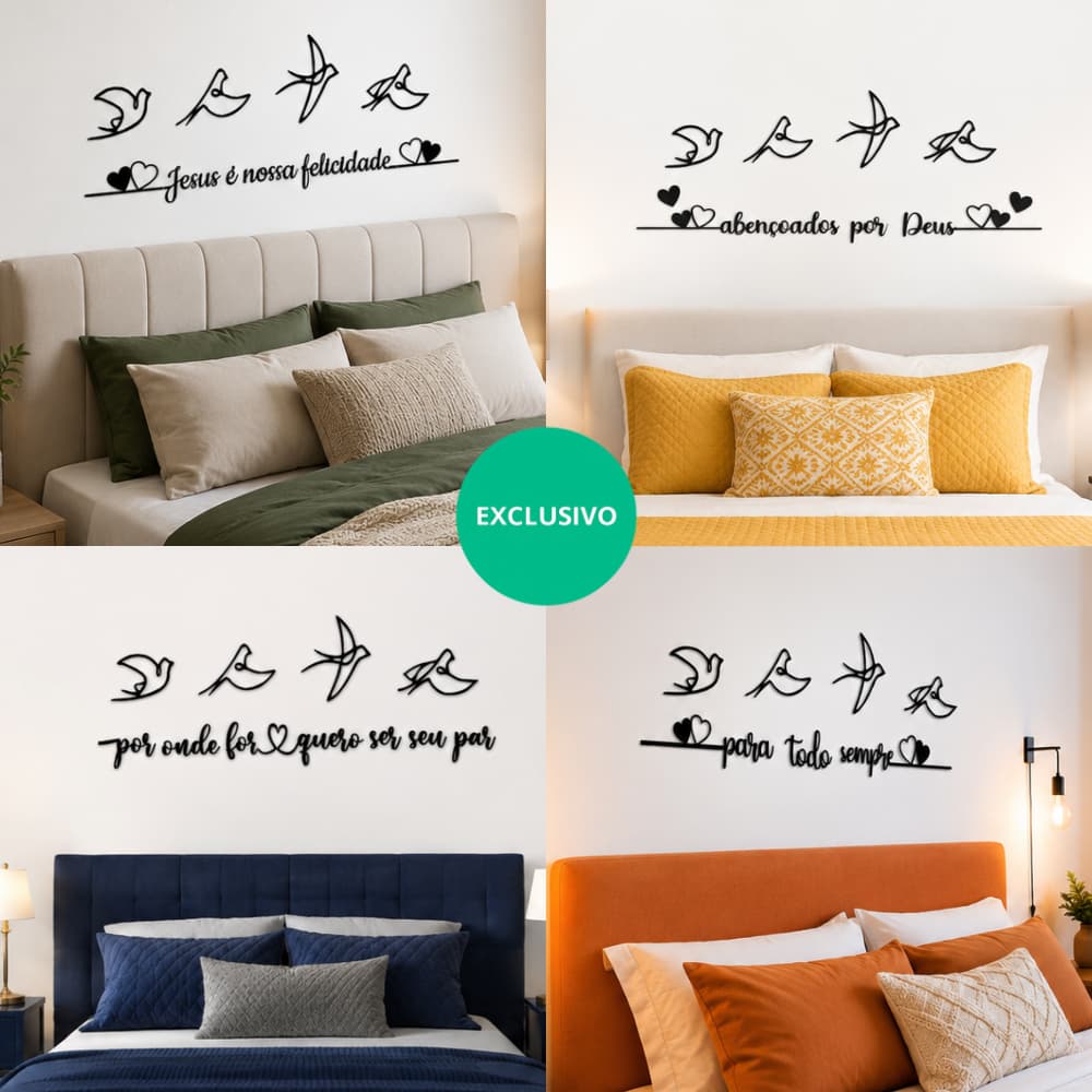 Kit 4 Pássaros De Cabeceira  + Frases Variadas Aqui tem Deus em Cada Detalhe de Parede Decorativo