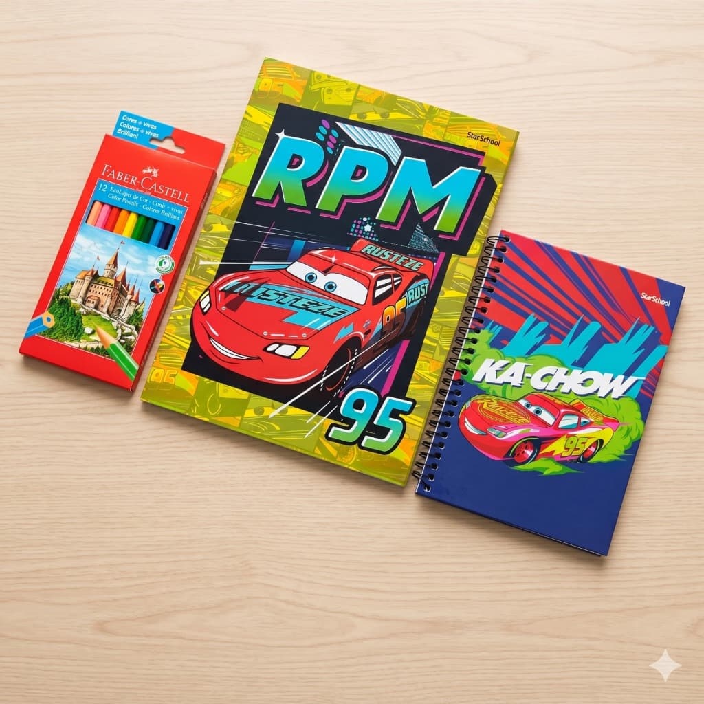 Kit Escolar Volta as Aulas Caderno Relampago Mcqueen - Brochurão -1/4 Esperial e Lápis Faber Castell