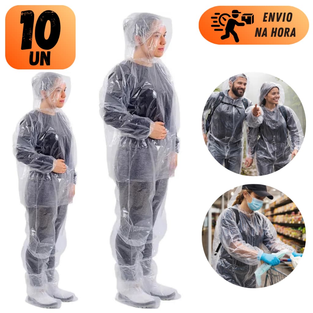 Kit Capa De Chuva Descartável Transparente Com Capuz Impermeável Adulto Resistente