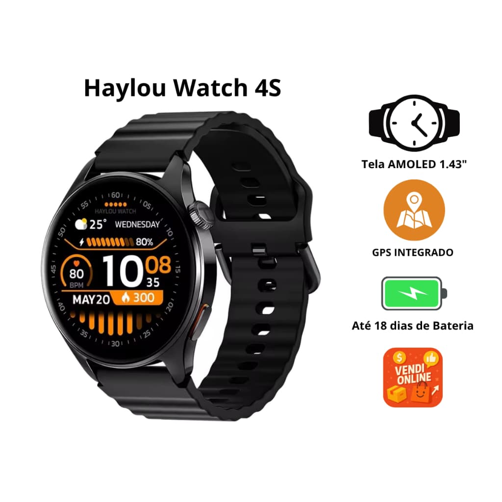 Smartwatch Haylou Watch 4S AMOLED 1.43″ GPS  - 120+ Esportes - 18 Dias Bateria - 1ATM - Bluetooth