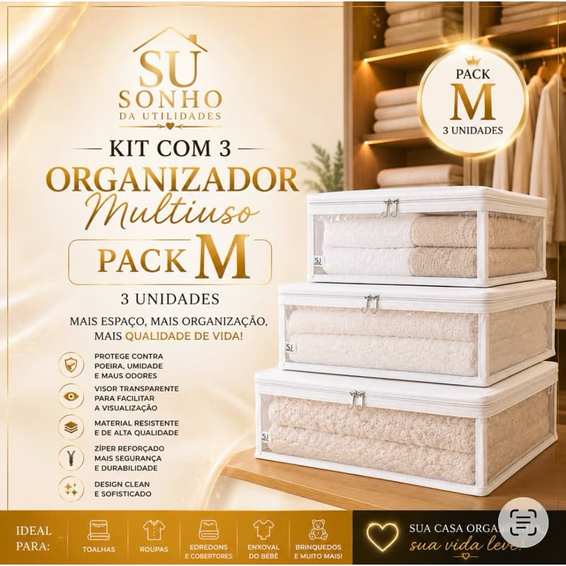 kit com 3 Organizador Multiuso/ Pack Branco M -Susonhodautilidades