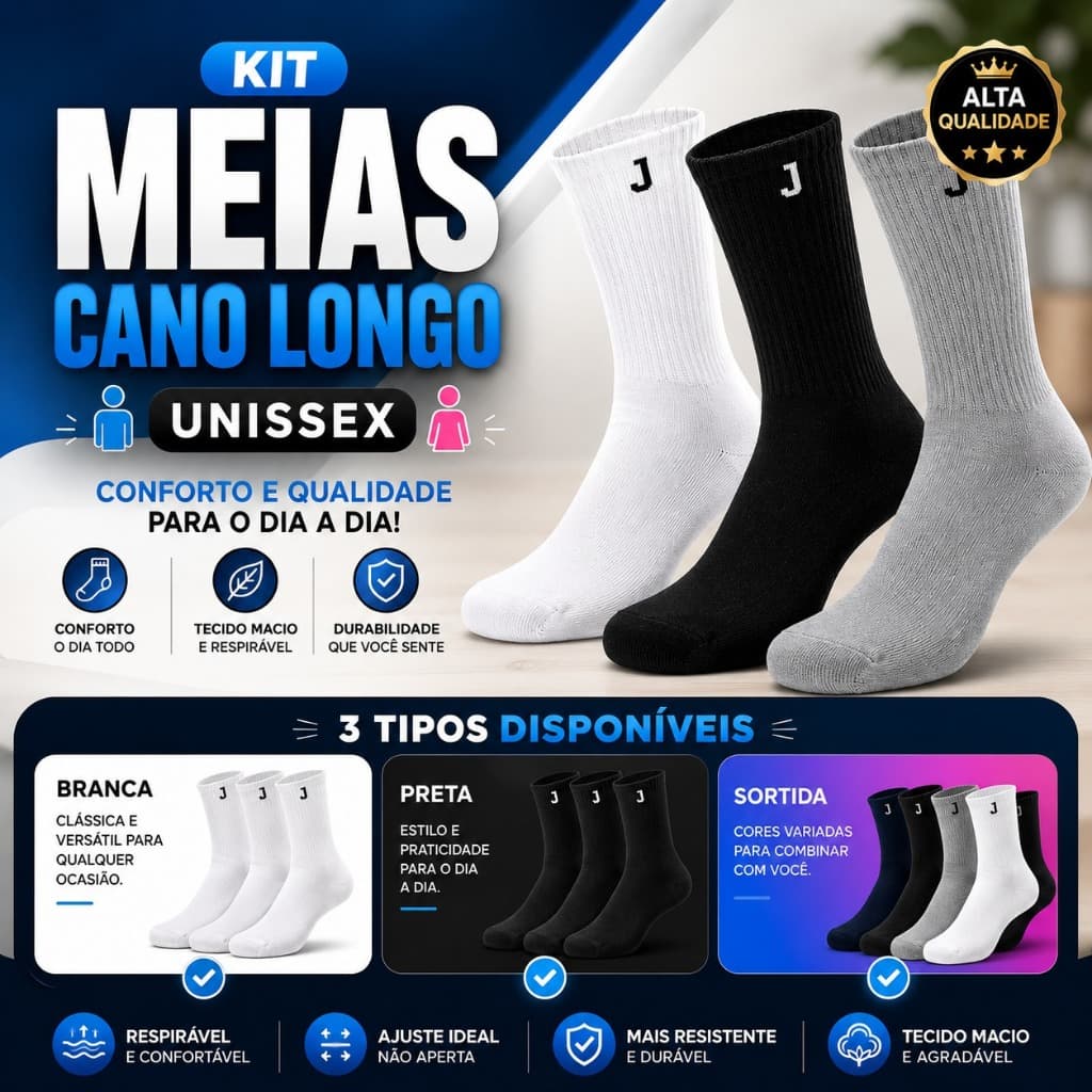 Meia Cano Longo Macia Respirável Confortável Esporte Trabalho Casual