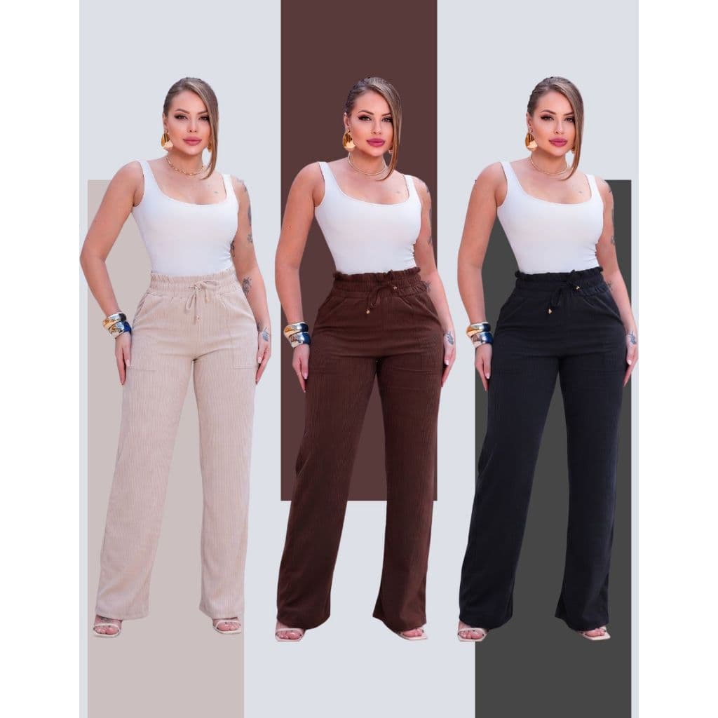 Kit 3 Calças Pantalona Canela Feminino Premium Wide Leg Blogueira Bolsos Cintura Alta Cordão