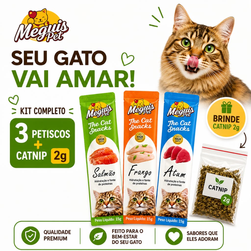 Kit Degustação Petisco Para Gato 3 Sachês Cremosos + Catnip 2g | Salmão Frango Atum