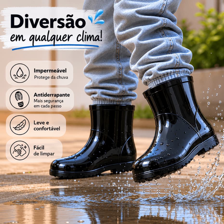 Galocha Infantil Preta para Meninos Bota Impermeável para Chuva Inverno Brincadeiras Escola 23 ao 30