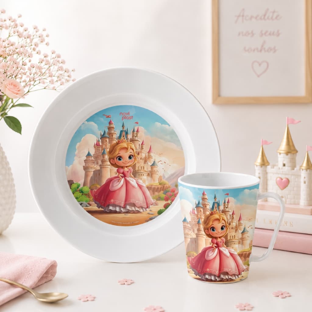Kit Infantil Princesa Prato E Caneca Plástico Rosa Personagem Menina Refeição Resistente Fofo