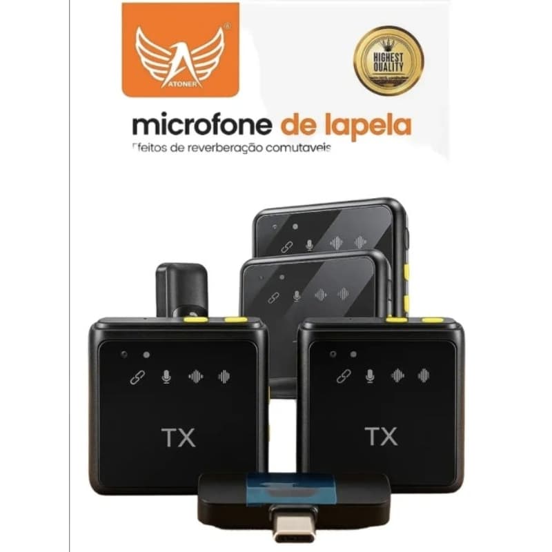 Microfone Lapela Kit Com 2 Sem Fio P/ Tipo-c Profissional ALTOMEX F9-TC-2IN1